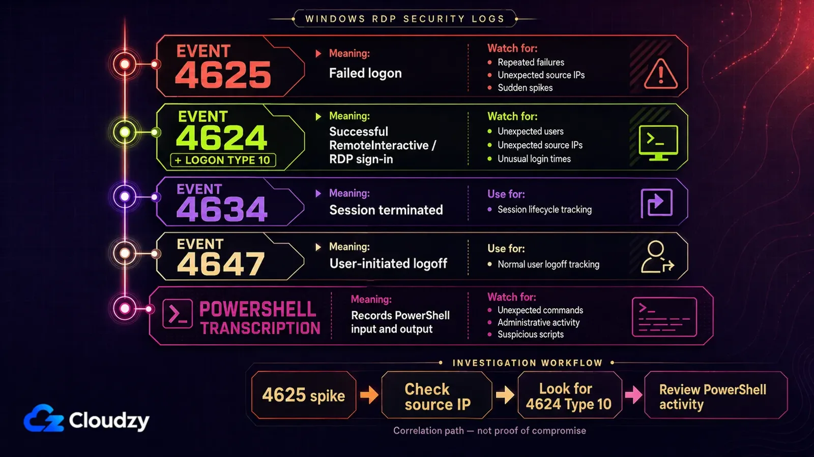 Windows RDP security log reference: Event 4625 for failed logons, Event 4624 with Logon Type 10 for successful RemoteInteractive sign-ins, Event 4634 for session termination, Event 4647 for user-initiated logoff, and PowerShell transcription, with an investigation path from a 4625 spike to source IP to 4624 Type 10 to PowerShell activity