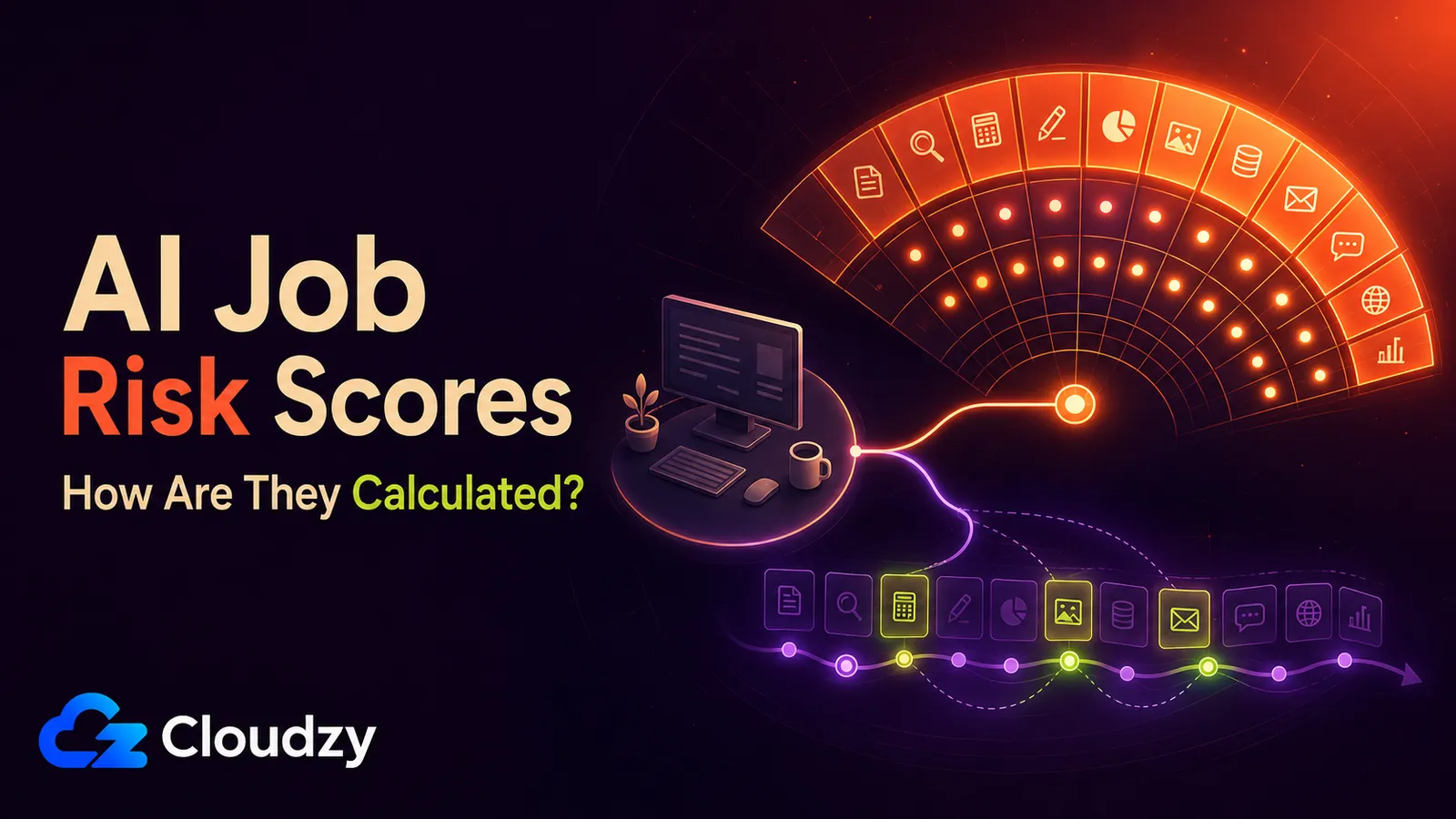 Illustration for how AI job risk scores are calculated: a desk computer linked to a gauge of work-task icons and to a timeline of the same tasks
