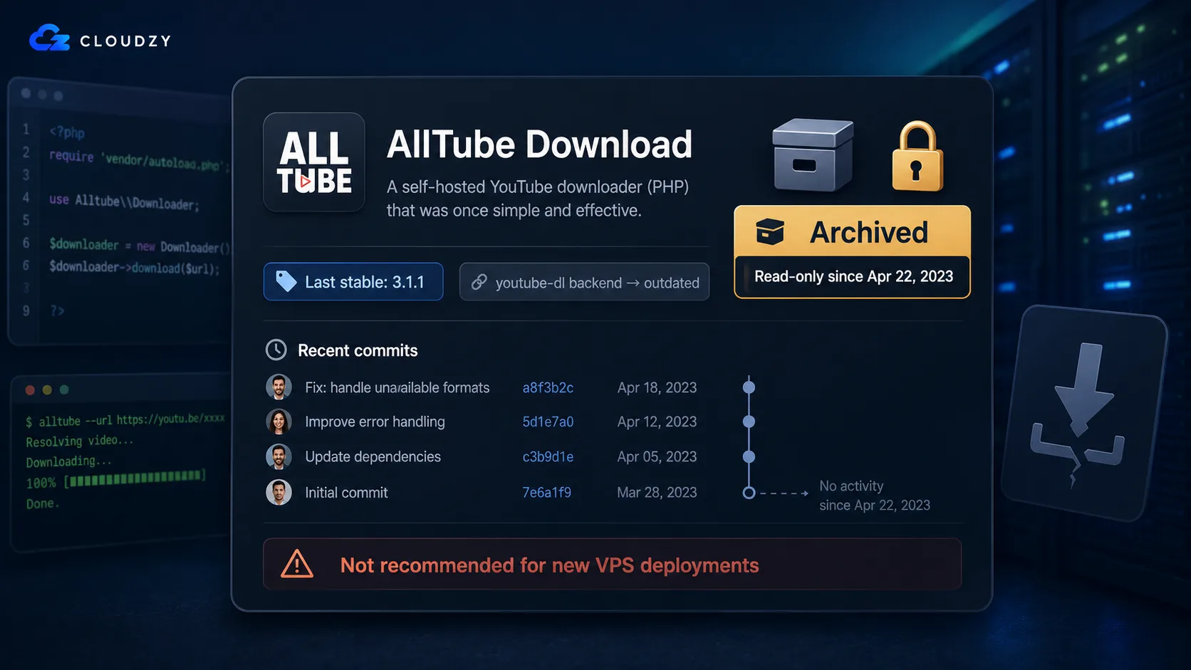 AllTube Download GitHub repo card marked archived and read-only since April 22, 2023, showing its last stable release 3.1.1 and a warning against new VPS deployments