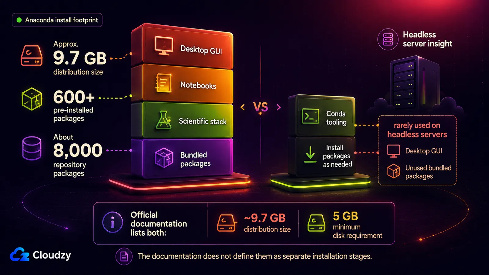 Anaconda install footprint next to a minimal conda setup: roughly 9.7 GB distribution size, 600+ pre-installed packages and a 5 GB minimum disk requirement, against conda tooling that installs packages only as needed