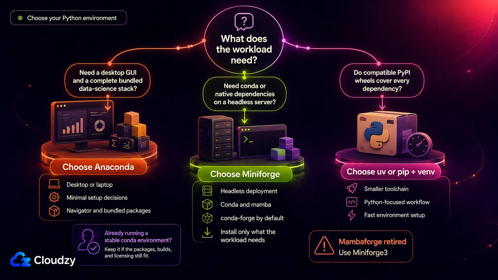 Decision tree for choosing a Python environment: Anaconda for a desktop GUI and a complete bundled stack, Miniforge for headless servers that need conda, and uv or pip with venv when PyPI wheels cover every dependency