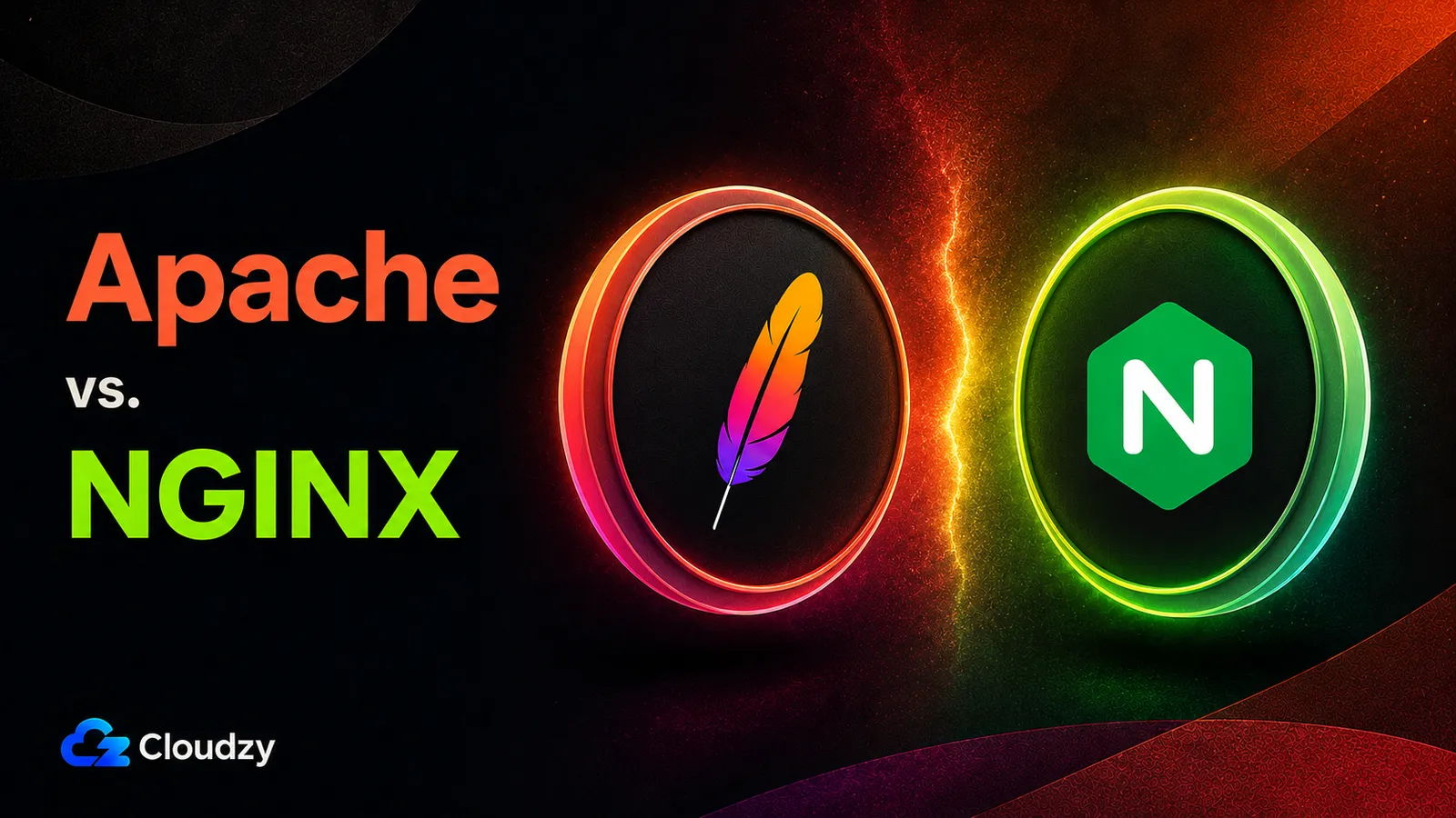 Apache vs. NGINX: the Apache feather logo and the NGINX hexagon logo facing each other across a lightning split, on a dark Cloudzy-branded backdrop