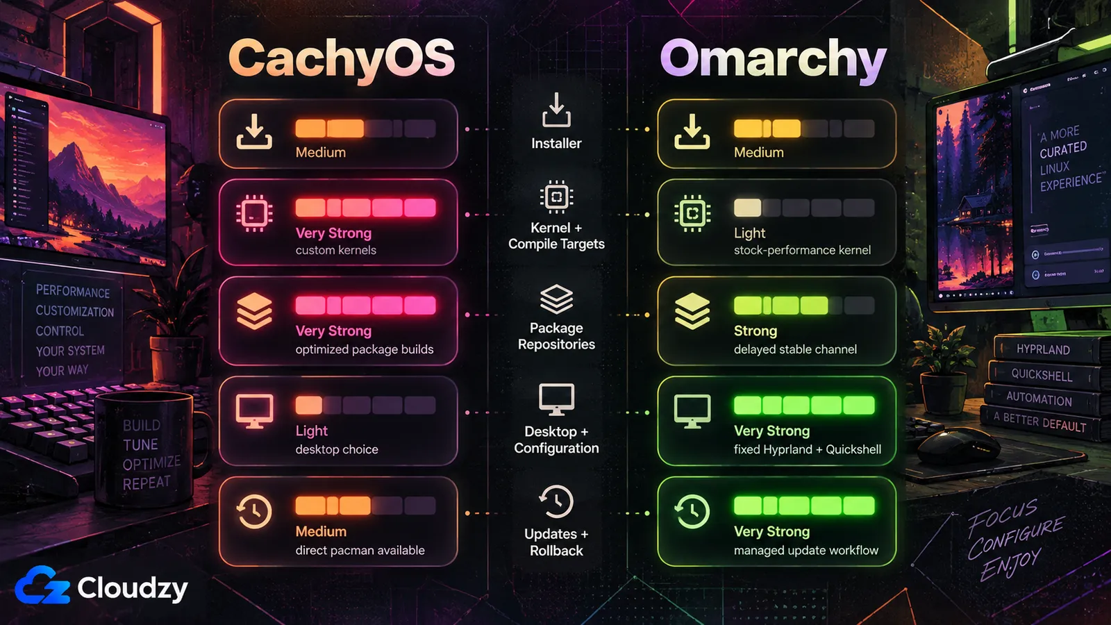 Avaliação lado a lado do CachyOS e do Omarchy em cinco camadas: instalador (ambos médio), kernel e alvos de compilação (CachyOS muito forte com kernels personalizados, Omarchy leve com um kernel de desempenho de origem), repositórios de pacotes (CachyOS muito forte com compilações de pacotes otimizadas, Omarchy forte com um canal stable atrasado), desktop e configuração (CachyOS leve com escolha de desktop, Omarchy muito forte com Hyprland e Quickshell fixos), atualizações e reversão (CachyOS médio com pacman direto disponível, Omarchy muito forte com um fluxo de atualização gerido)