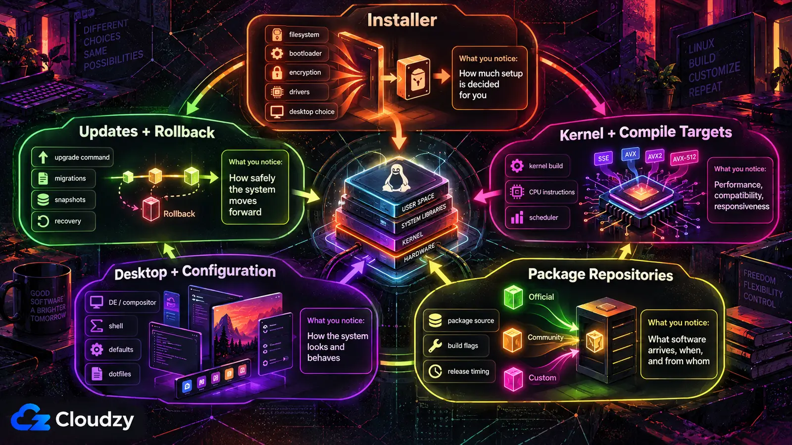 Cinco camadas em que uma derivada de Arch pode diferir do Arch de origem, desenhadas em torno de uma pilha de hardware, kernel, bibliotecas de sistema e espaço de utilizador: instalador (sistema de ficheiros, gestor de arranque, cifragem, controladores, escolha do desktop), kernel e alvos de compilação (compilação do kernel, instruções da CPU, escalonador), repositórios de pacotes (oficiais, comunitários, personalizados, cadência de lançamento), desktop e configuração (compositor, shell, predefinições, dotfiles), e atualizações e reversão (comando de atualização, migrações, instantâneos, recuperação)