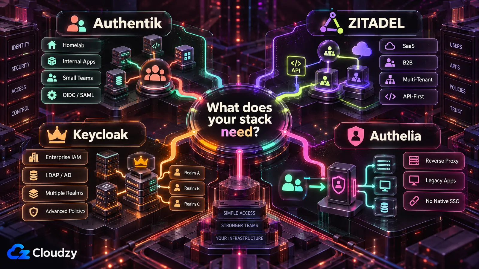 Mapa de decisão de quatro ferramentas de SSO auto-hospedado em torno da pergunta sobre o que a sua stack precisa: Authentik para homelabs, aplicações internas, equipas pequenas e OIDC/SAML; ZITADEL para produtos SaaS, B2B, multi-tenant e API-first; Keycloak para IAM empresarial, LDAP/AD, vários realms e políticas avançadas; Authelia para proteção por proxy inverso de aplicações antigas sem SSO nativo