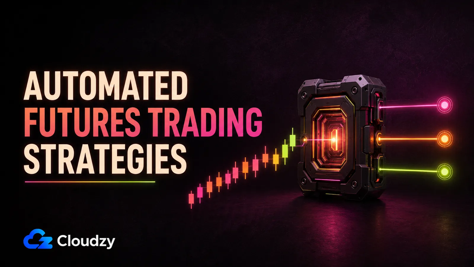Automated Futures Trading Strategies title card: a neon candlestick chart rising into a glowing trading server with three signal outputs, on a dark Cloudzy-branded backdrop