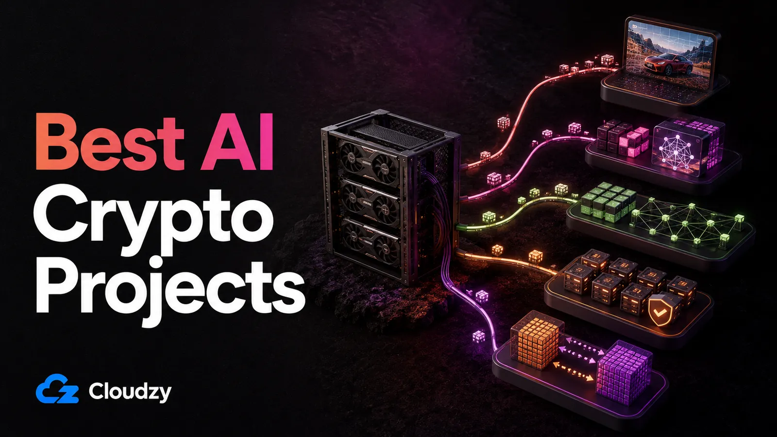 Best AI crypto projects: a GPU rack feeding compute into five separate decentralized AI networks