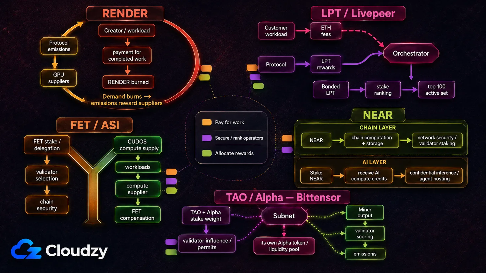 Diagram of what the token does inside each protocol: RENDER burned on completed work with emissions paying GPU suppliers, LPT fees and rewards flowing to a Livepeer orchestrator, FET staking for ASI validator selection and CUDOS compute supply, NEAR pricing chain computation and buying AI compute credits, and TAO plus Alpha stake weight setting Bittensor validator influence
