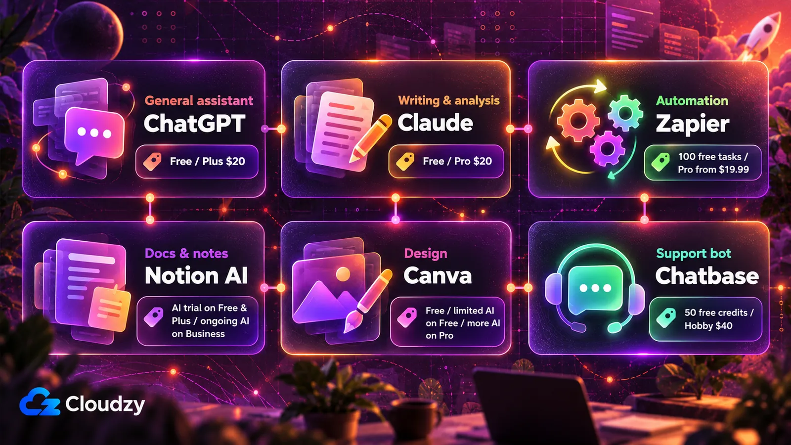 六款初创公司 AI 工具及其起步价格：ChatGPT 免费或 Plus $20，Claude 免费或 Pro $20，Zapier 免费 100 个任务或付费 $19.99 起，Notion AI 在 Free 和 Plus 上为试用、在 Business 上可持续使用，Canva 在 Free 上 AI 有限、在 Pro 上更多，Chatbase 免费 50 个额度或 Hobby $40