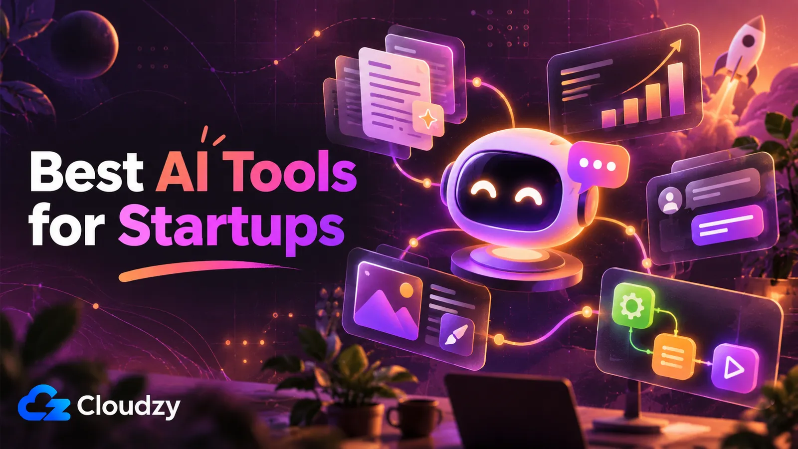 Best AI Tools for Startups title card: a friendly robot linked to floating panels for documents, a growth chart, chat, image design and an automation workflow
