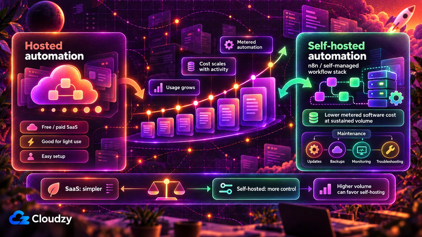 托管自动化与自托管自动化对比：托管 SaaS 的成本随用量增长而攀升，而自托管 n8n 方案在持续用量下降低按量计费的软件成本，代价是要自己负责更新、备份、监控和故障排查