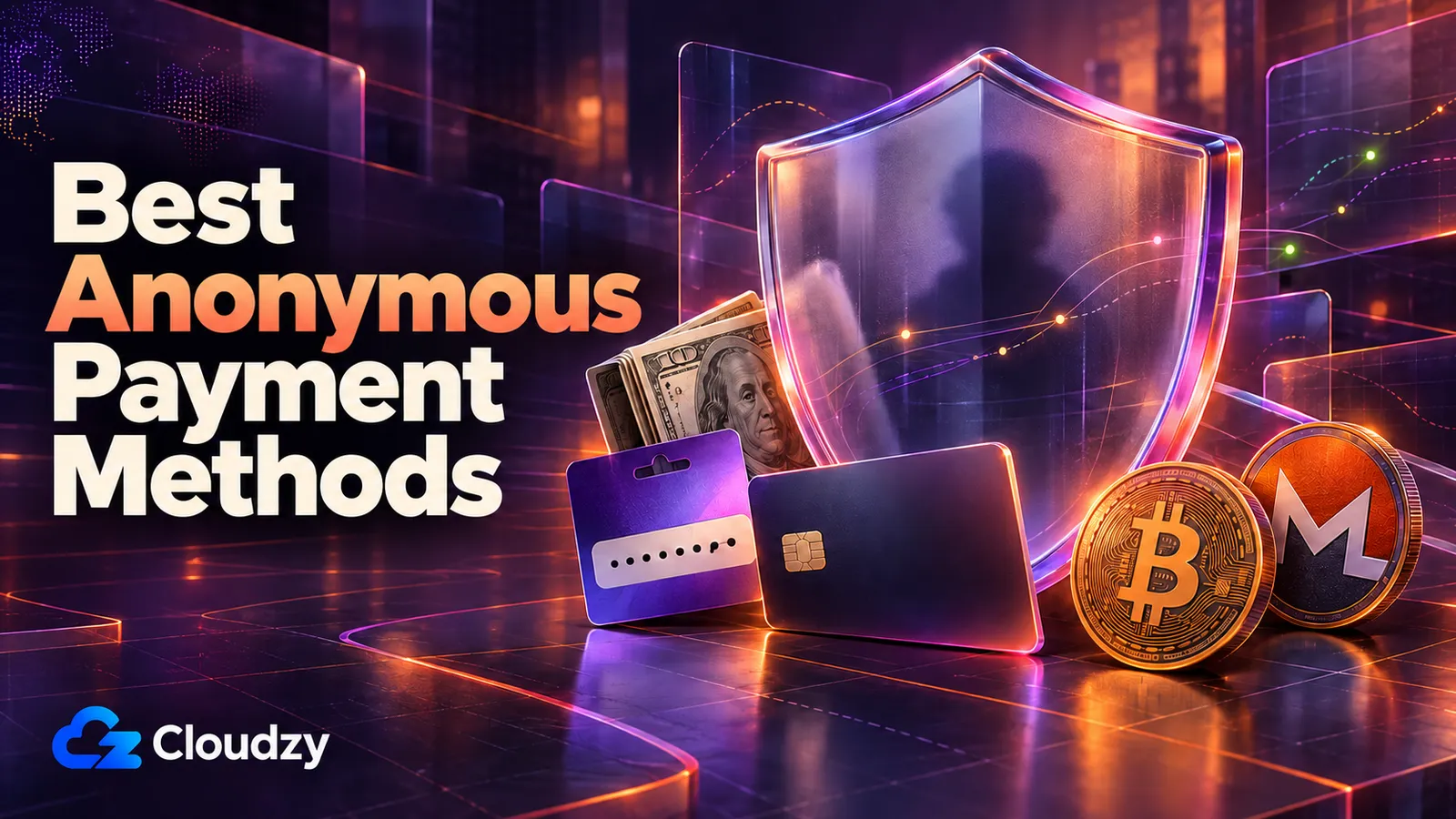 Best Anonymous Payment Methods title card: cash, a voucher PIN card, a payment card, and Bitcoin and Monero coins in front of a shield