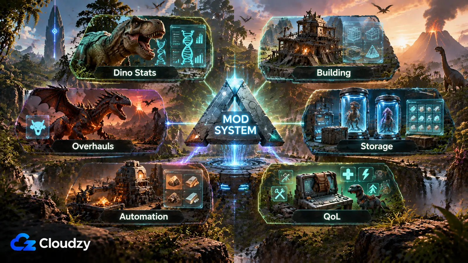 Six kinds of ARK mods: dino stats, building, storage, quality of life, automation, and overhauls