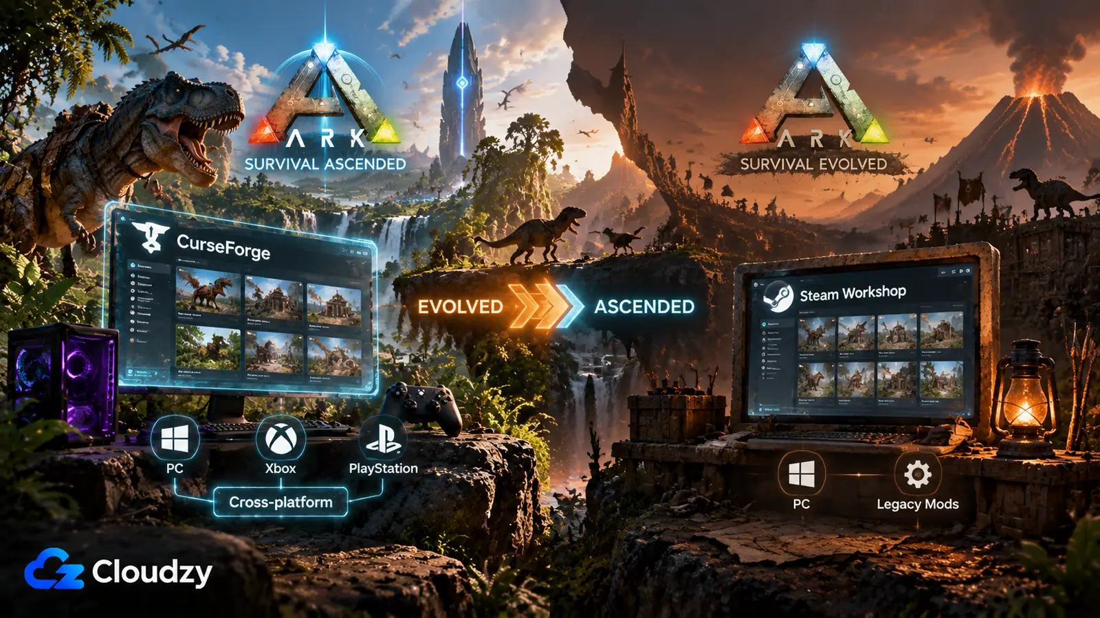 ARK: Survival Ascended mods come from CurseForge and run cross-platform on PC, Xbox, and PlayStation, while ARK: Survival Evolved mods come from Steam Workshop on PC