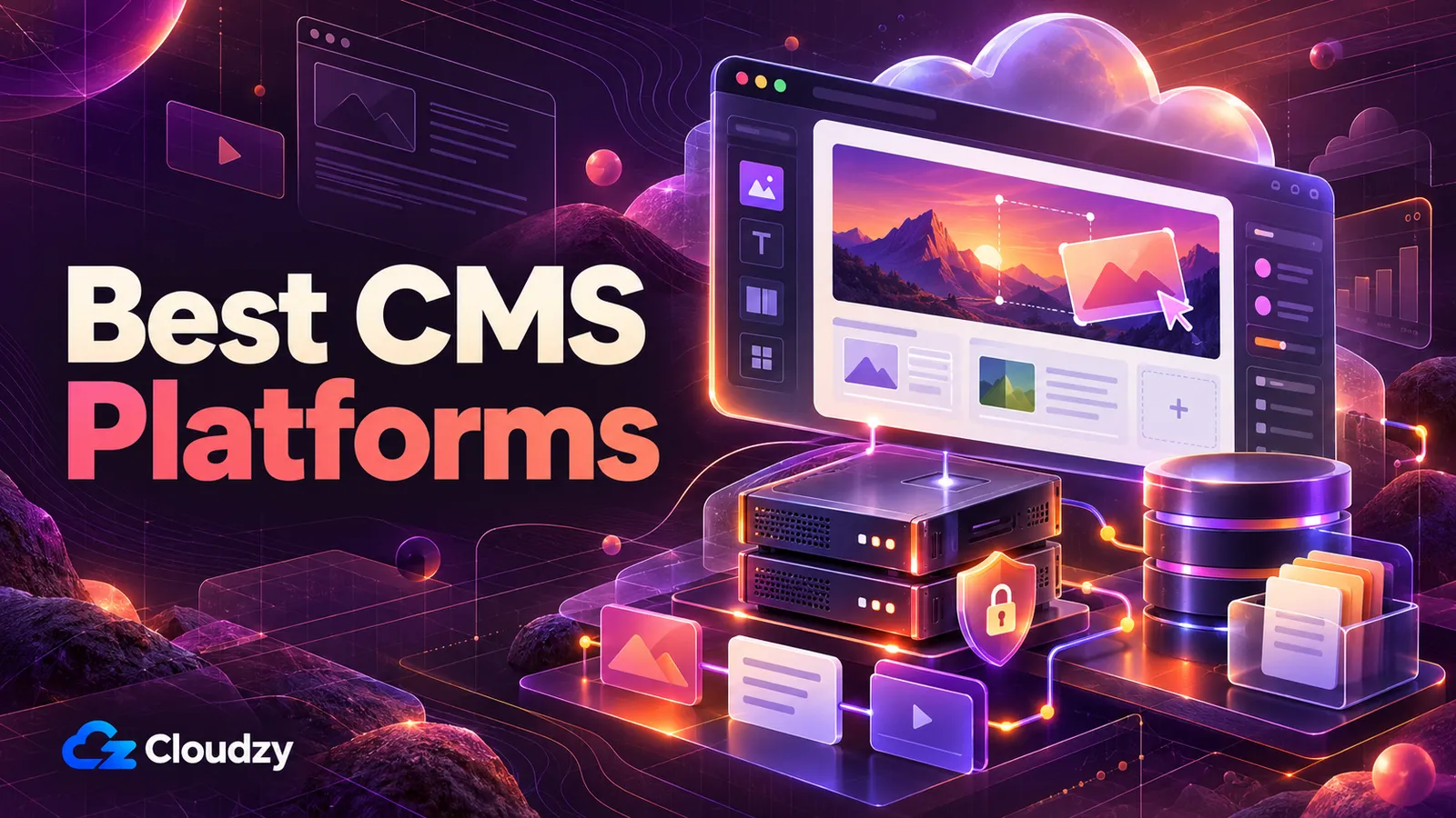 Best CMS Platforms: a website editor window above a server, a database and content blocks linked by glowing lines