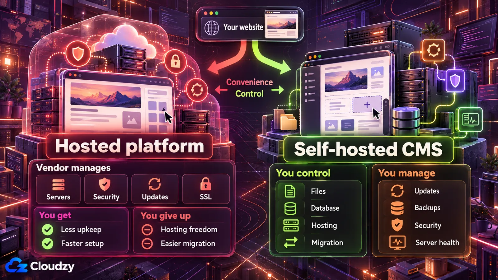 Hosted platform versus self-hosted CMS: the vendor manages servers, security, updates and SSL on a hosted platform, while on a self-hosted CMS you control the files, database, hosting and migration and manage updates, backups, security and server health