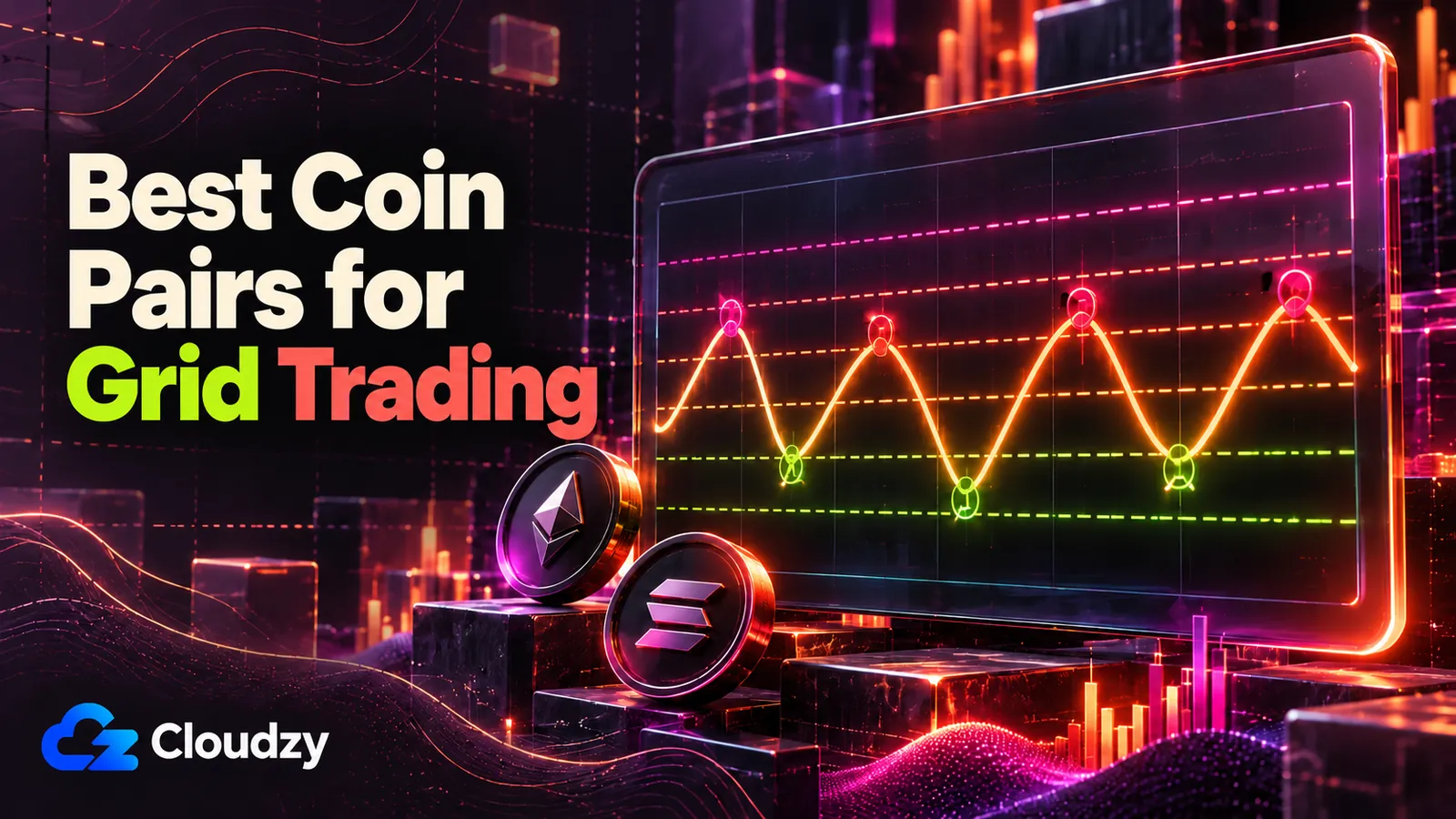 Nejlepší páry pro grid trading, znázorněné cenovým grafem a úrovněmi gridu.