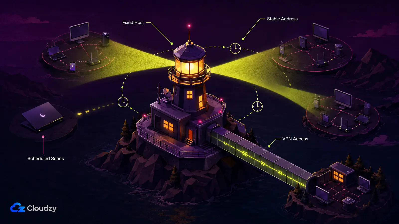 A lighthouse acting as an always-on scanning host, reaching remote networks over VPN on a schedule while a sleeping laptop sits dark