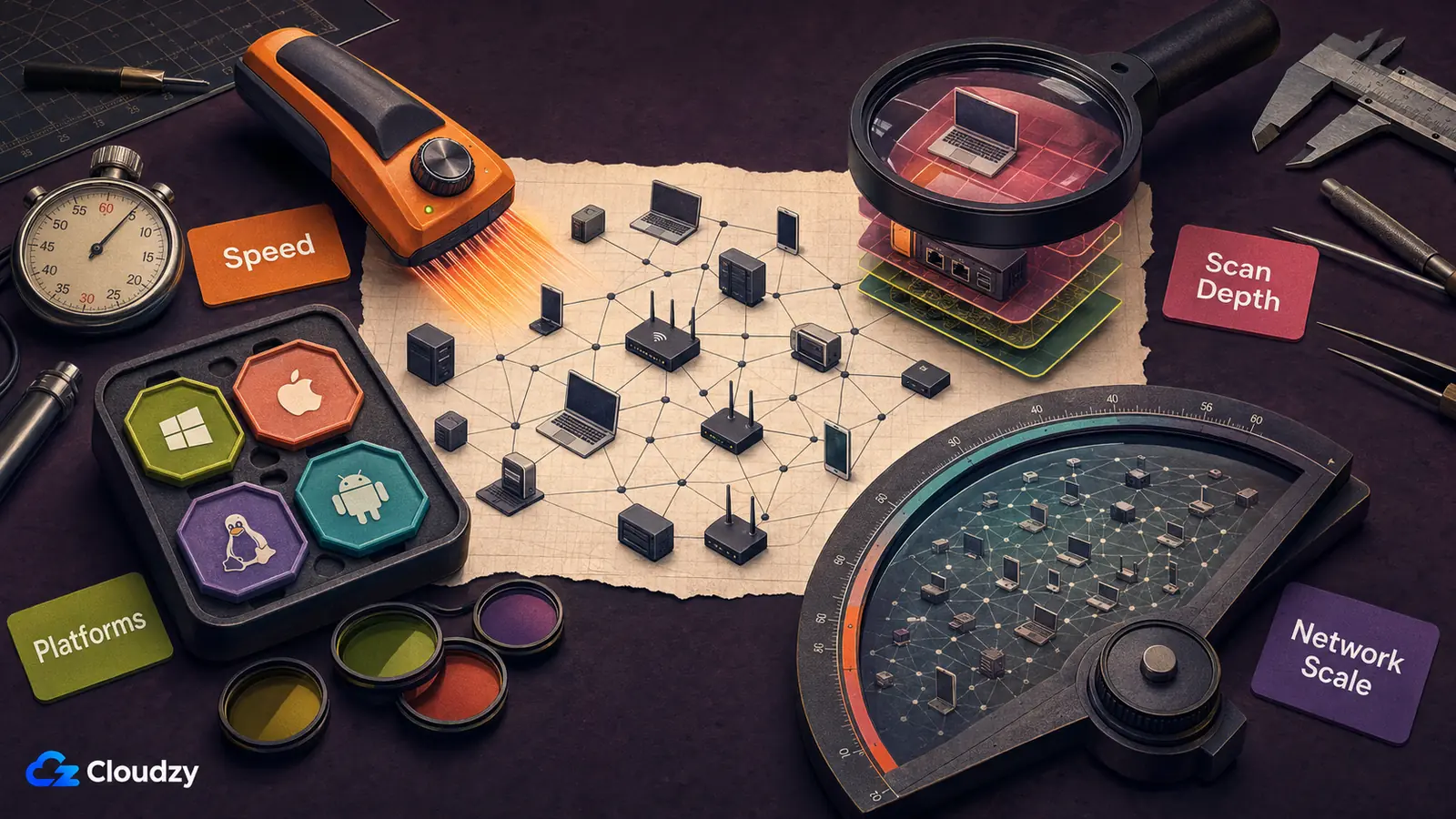 Workbench flat lay comparing IP scanner selection criteria: speed, supported platforms, scan depth and network scale, arranged around a diagram of networked devices