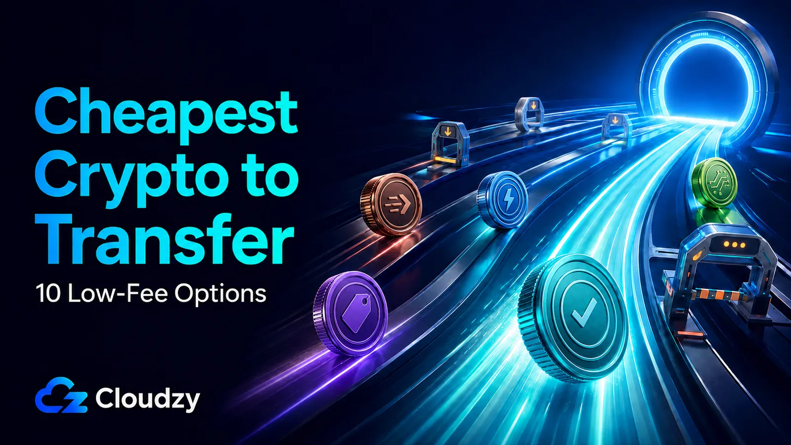 Cryptocurrency coins racing along glowing transfer lanes toward a portal, illustrating fast, low-fee crypto transfers