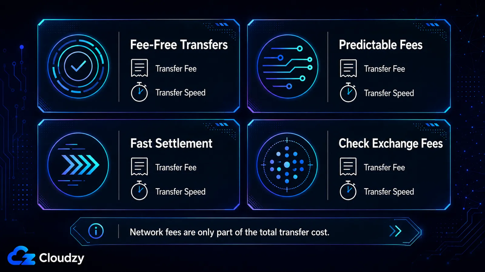 Four callouts summarizing what to look for in a low-fee cryptocurrency: fee-free transfers, predictable fees, fast settlement, and checking exchange fees