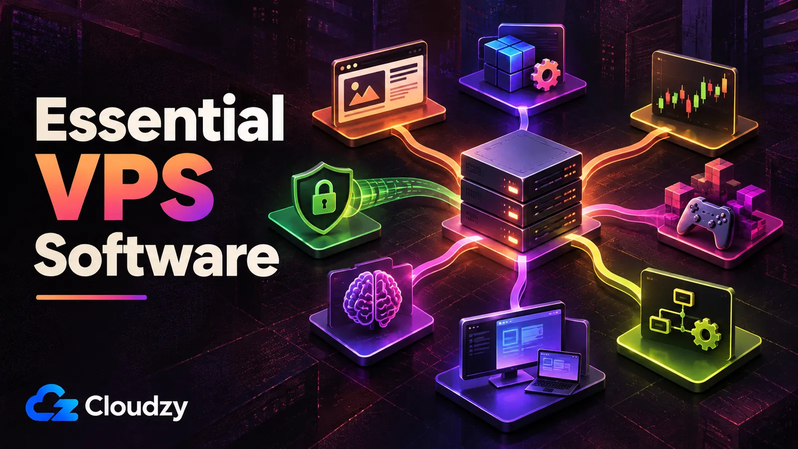 Essential VPS Software title card: a central VPS connected to icons for web hosting, containers, trading, security, gaming, AI, remote desktop, and automation