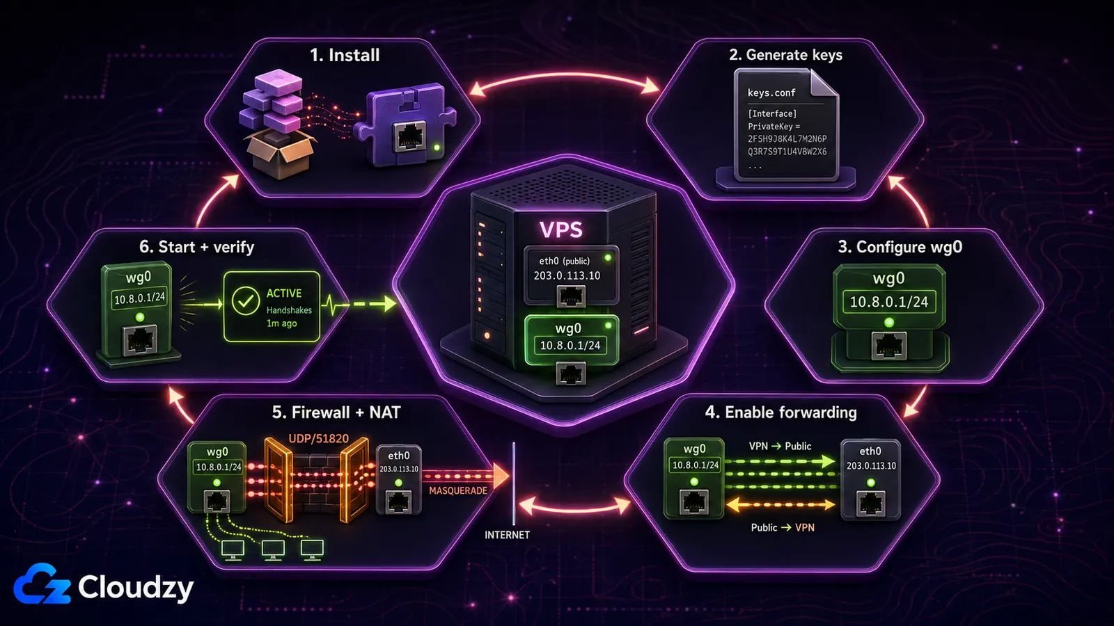 Six-step WireGuard setup cycle around a VPS: install, generate keys, configure wg0 with 10.8.0.1/24, enable forwarding between wg0 and eth0, add firewall and NAT rules on UDP 51820, then start and verify the interface