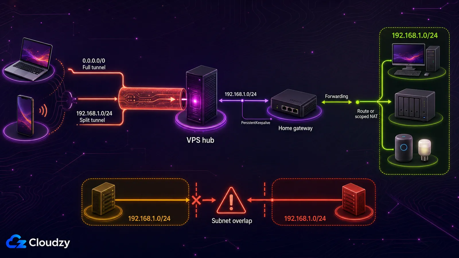 A VPS hub relaying a roaming laptop and phone to a home gateway over WireGuard, with full-tunnel 0.0.0.0/0 and split-tunnel 192.168.1.0/24 paths, PersistentKeepalive on the home peer, and a warning that two overlapping 192.168.1.0/24 networks cannot route cleanly