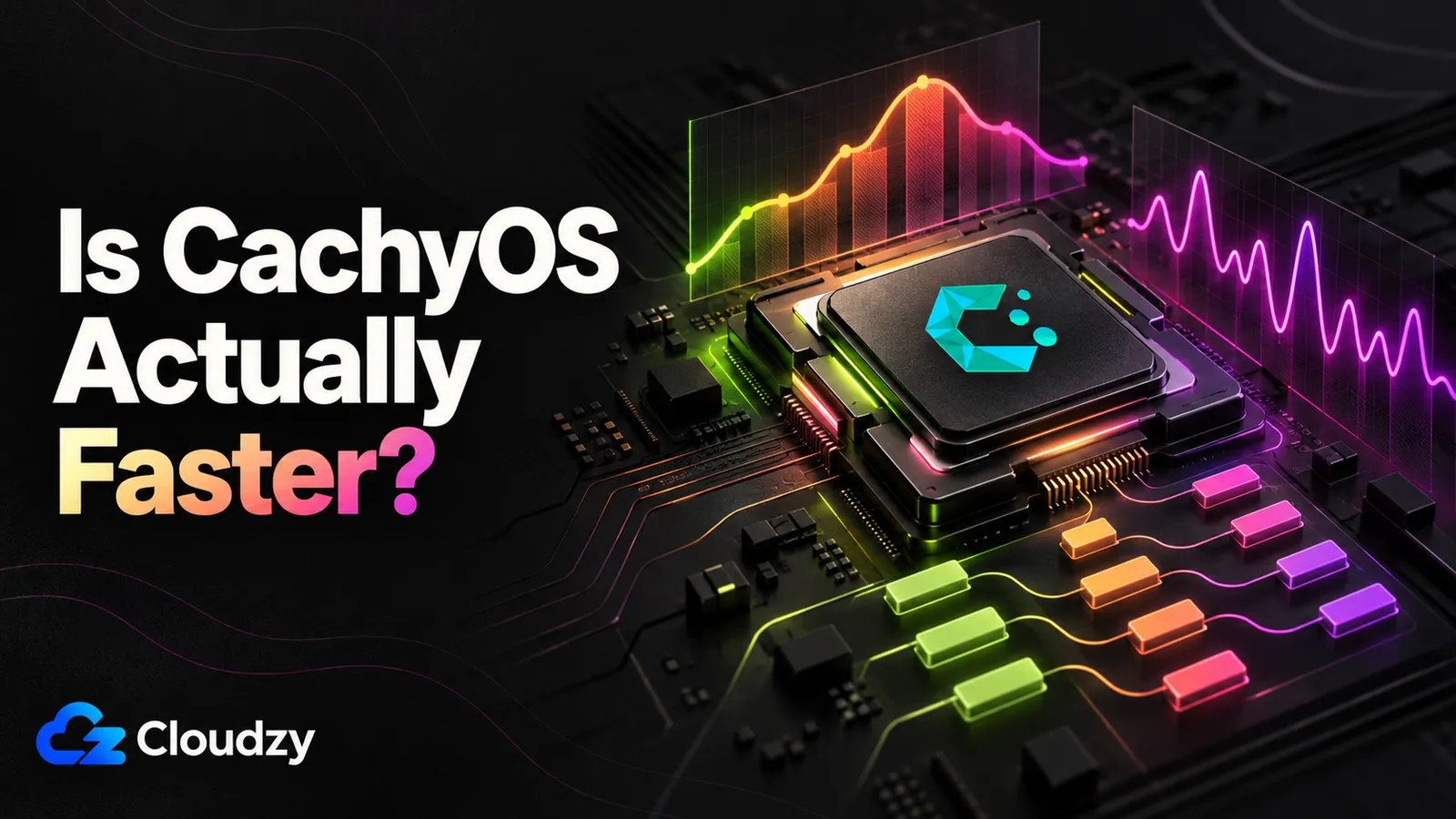 Is CachyOS actually faster? A CPU carrying the CachyOS logo sits on a circuit board between a rising benchmark curve and a frame-time waveform