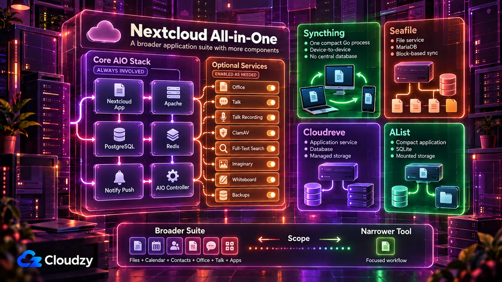 Nextcloud All-in-One's core stack of the Nextcloud app, Apache, PostgreSQL, Redis, Notify Push and the AIO controller, shown next to optional services such as Office, Talk, Talk Recording, ClamAV, full-text search, Imaginary, Whiteboard and backups, then compared with the narrower shapes of Syncthing, Seafile, Cloudreve and AList on a scale running from broader suite to narrower tool
