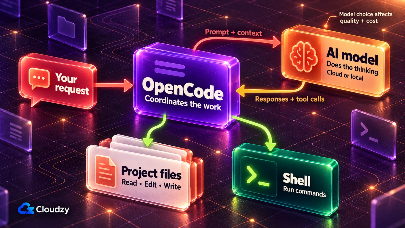 OpenCode workflow from a project folder through a connected AI model to file changes