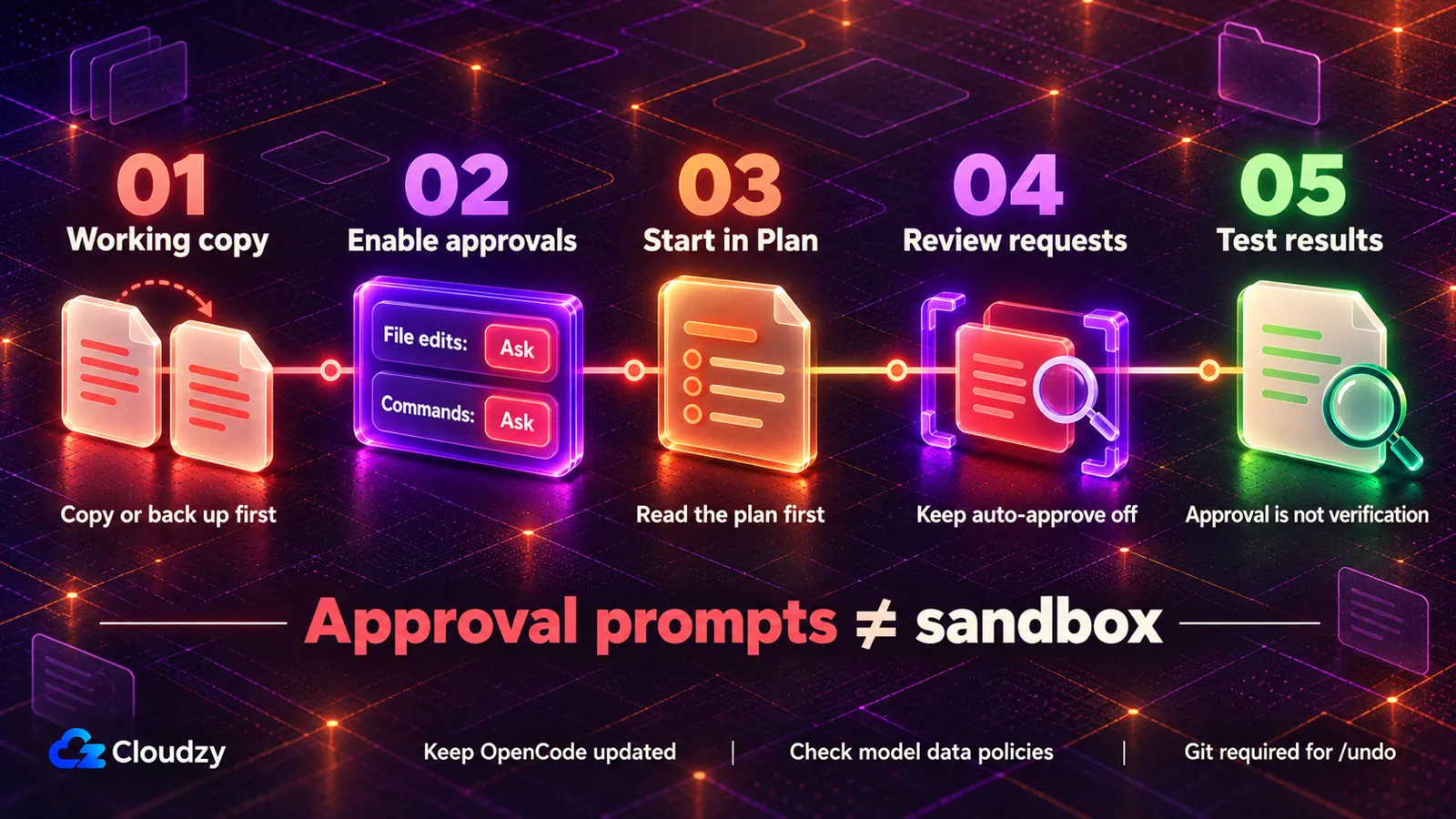 Five OpenCode safety habits: work on copies, enable approvals, read plans, review requests, and test results