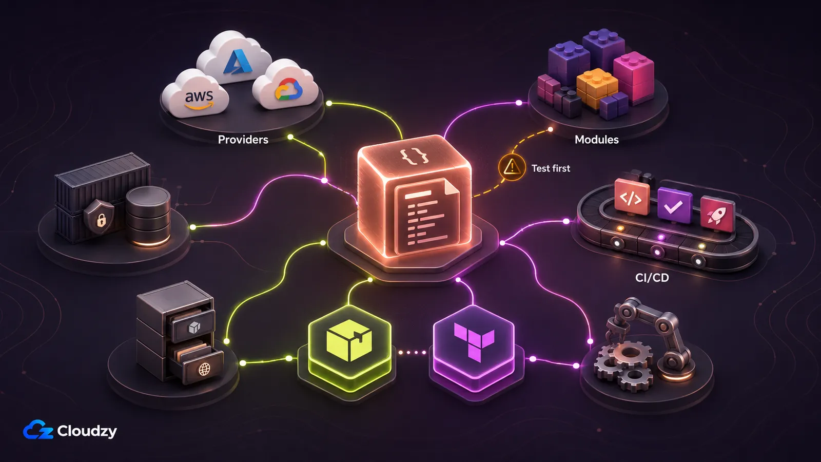 OpenTofu ecosystem hub showing providers, modules, state storage, CI/CD, and the OpenTofu and Terraform binaries feeding into the same workflow