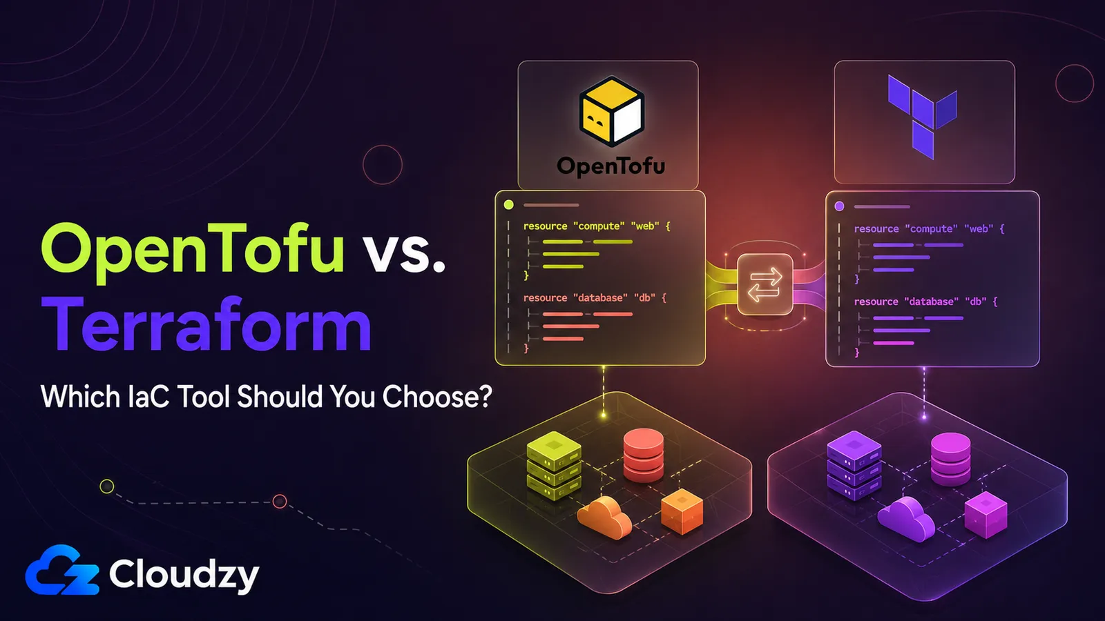 OpenTofu vs Terraform hero graphic: side-by-side code panels under each tool's logo illustrating the choice between the two infrastructure-as-code CLIs