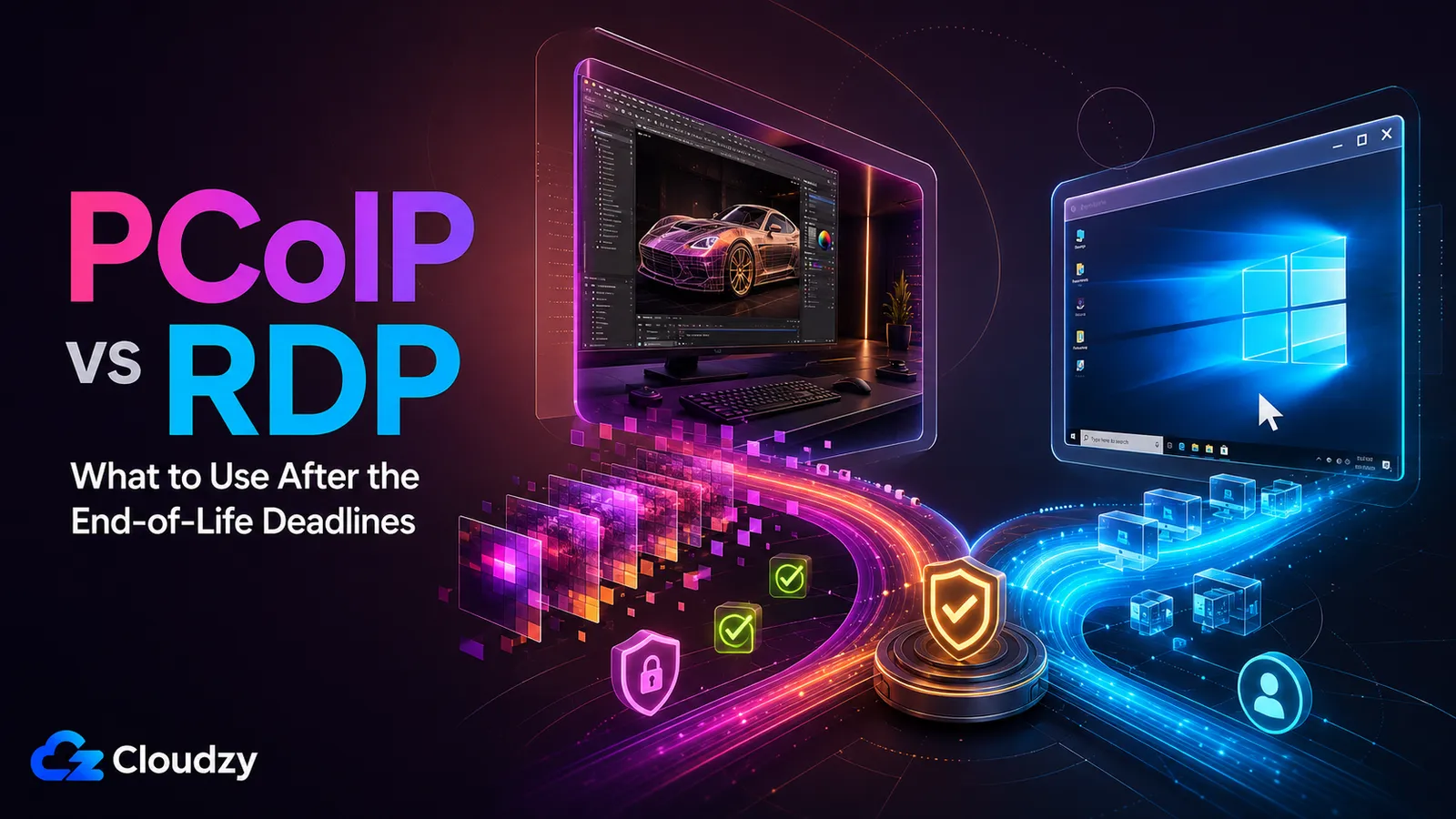 PCoIP vs RDP: a high-fidelity PCoIP workstation session on one side and a Windows RDP desktop session on the other, showing what to use after the PCoIP end-of-life deadlines