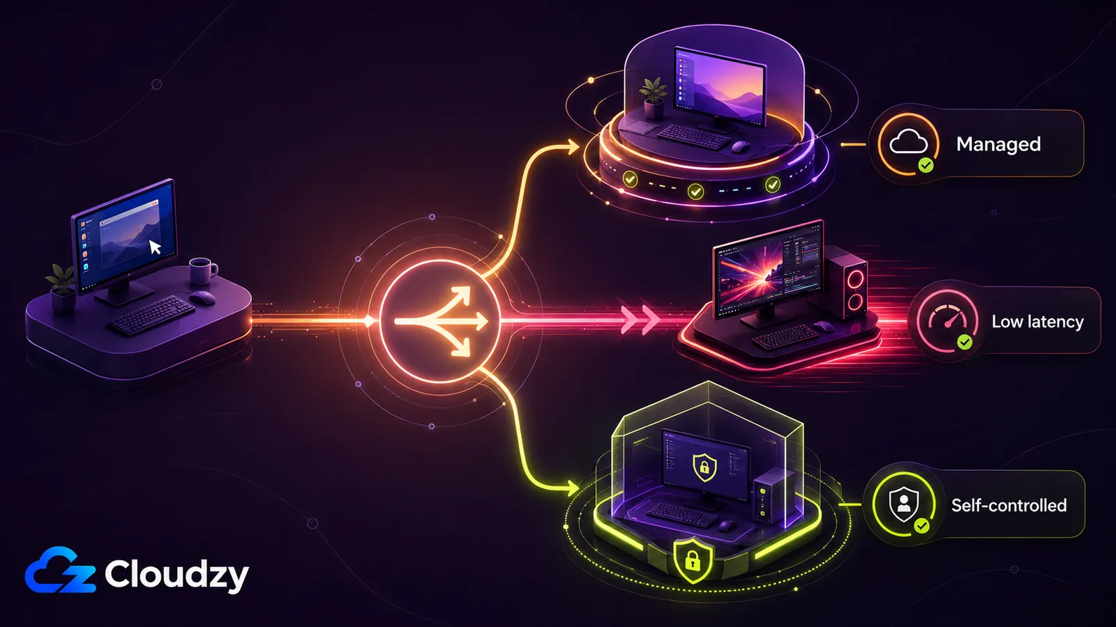 Choosing a remote display path after PCoIP: one client branching to a managed virtual desktop, a low-latency workstation stream, and a self-controlled secured host