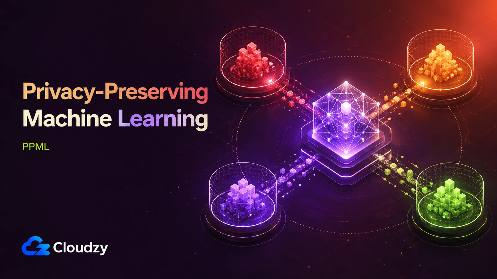 Abstract illustration of privacy-preserving machine learning, with a model trained across sealed data sources