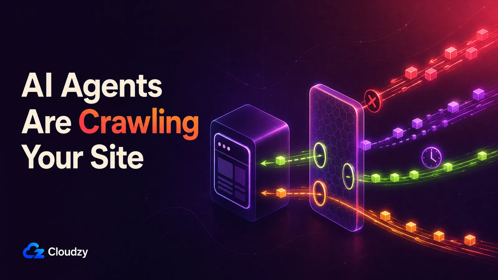 Multiple labeled AI crawler request streams arriving at a self-hosted web server behind a reverse proxy, where one stream is slowed at the gate instead of blocked outright