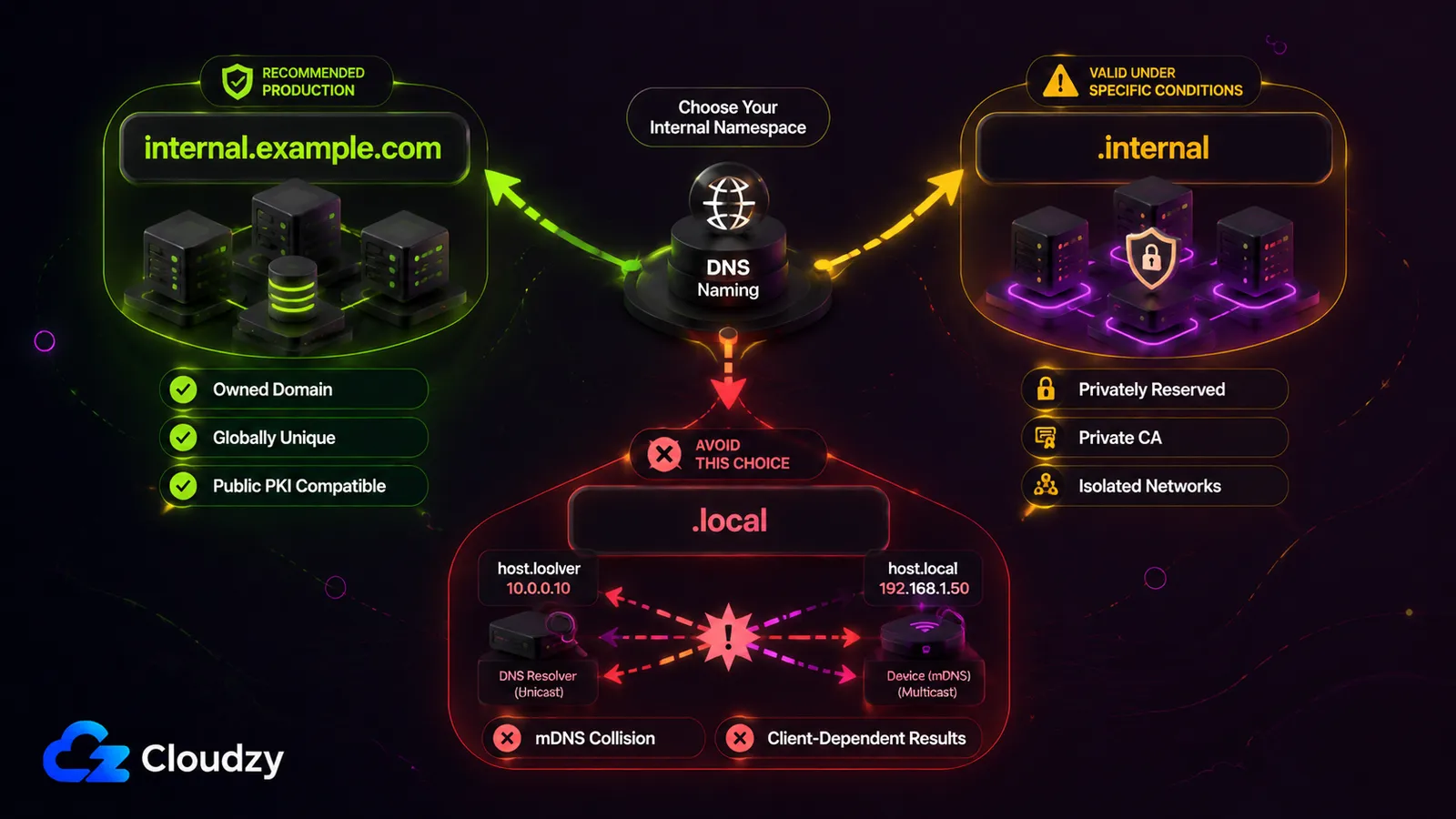 Comparison of three internal DNS namespace choices: an owned subdomain recommended for production because it is globally unique and compatible with public PKI, the reserved .internal namespace valid under specific conditions on isolated networks with a private CA, and .local to avoid because it collides with mDNS and gives client-dependent results