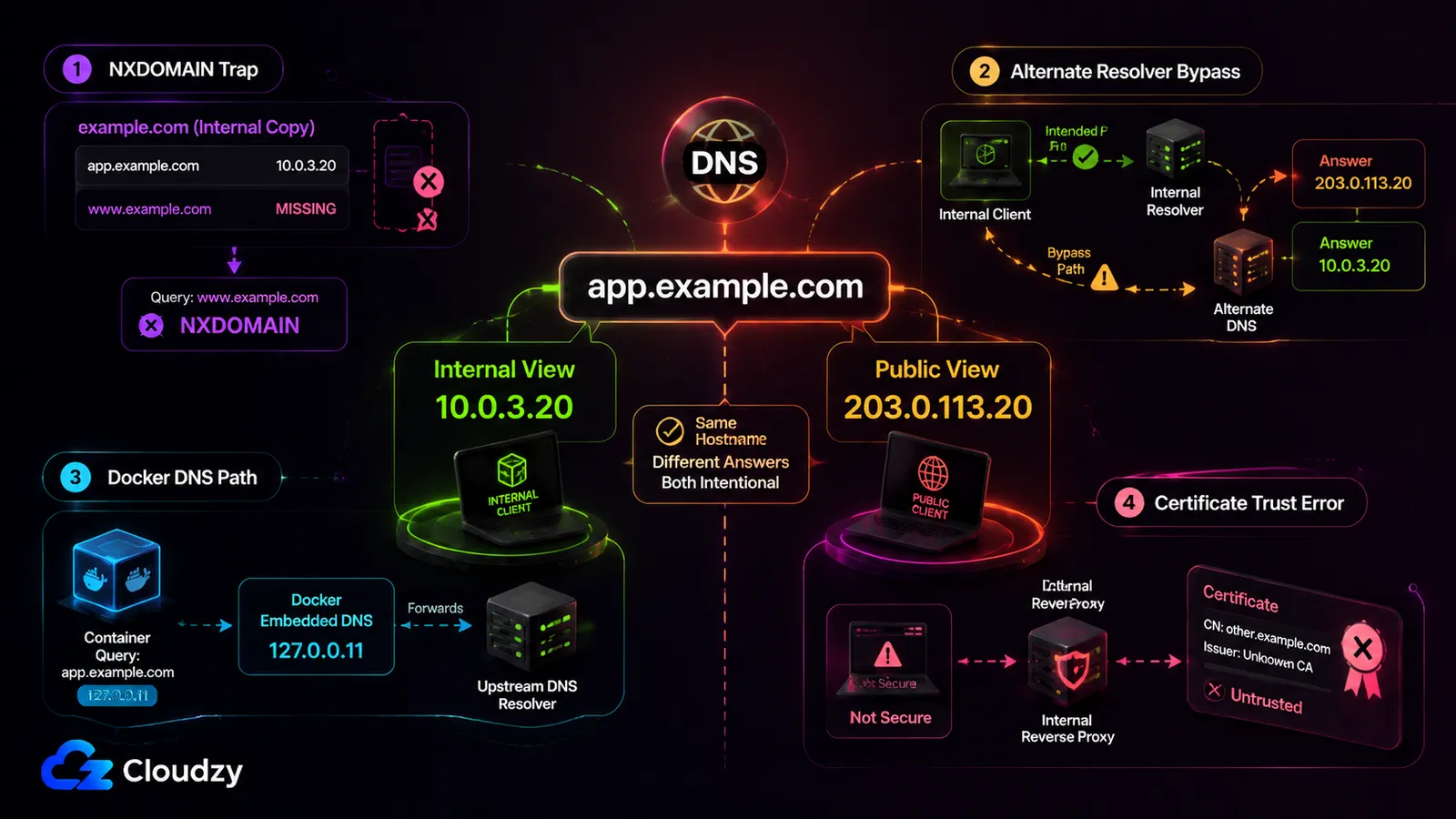 Split-horizon DNS diagram showing one hostname answered with a private address internally and a public address externally, plus four failure modes: the NXDOMAIN trap on a missing internal record, an alternate resolver bypassing the intended view, Docker's embedded resolver forwarding upstream, and an untrusted certificate on an internal reverse proxy