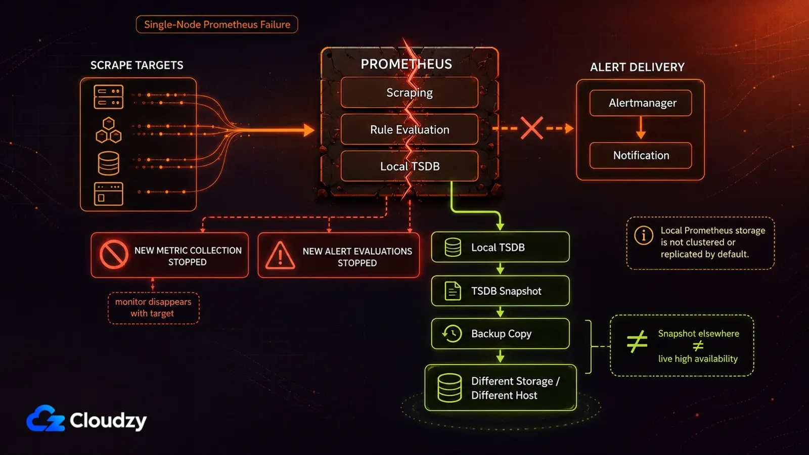 Diagram of a single-node Prometheus failure: scrape targets feed one Prometheus instance running scraping, rule evaluation and a local TSDB, and when that node breaks, new metric collection and new alert evaluations stop and nothing reaches Alertmanager or notifications, while a separate path shows the local TSDB copied to a snapshot, then a backup, then different storage on a different host, with a note that local Prometheus storage is not clustered or replicated by default and that a snapshot elsewhere is not the same as live high availability