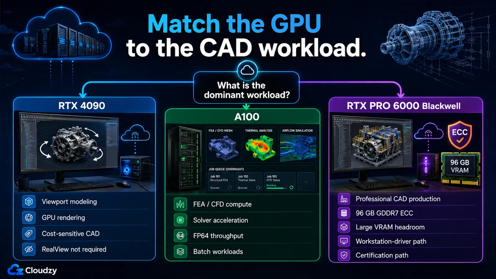 Decision chart matching the dominant CAD workload to a GPU: RTX 4090 for viewport modeling, GPU rendering and cost-sensitive CAD where RealView is not required, A100 for FEA and CFD compute and overnight batch solver jobs, and RTX PRO 6000 Blackwell for professional CAD production needing 96 GB GDDR7 ECC, workstation drivers and a certification path