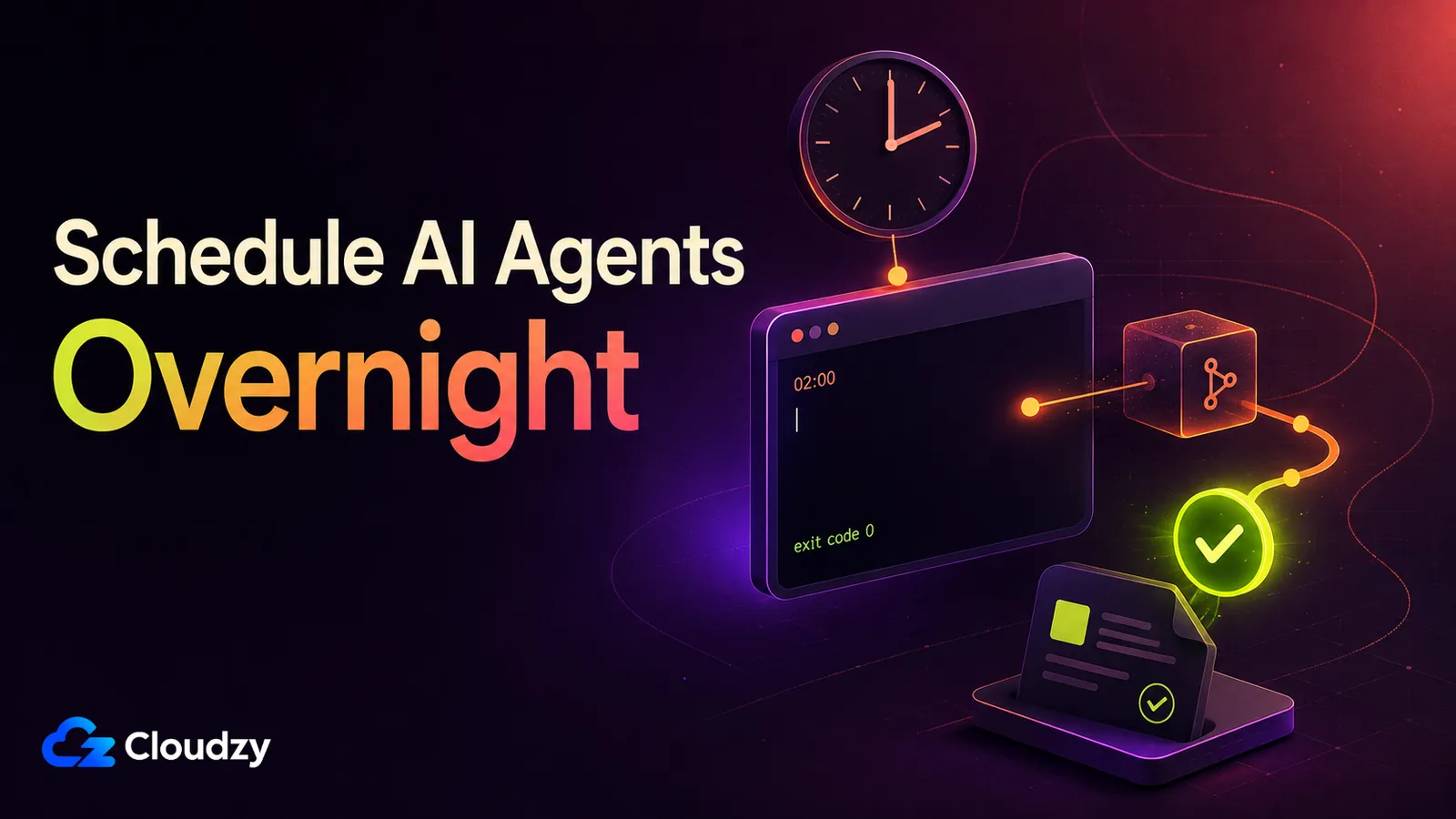 Schedule AI Agents Overnight: a dark terminal showing a 02:00 timestamp and a green exit code 0 line, next to a clock and a completed job card