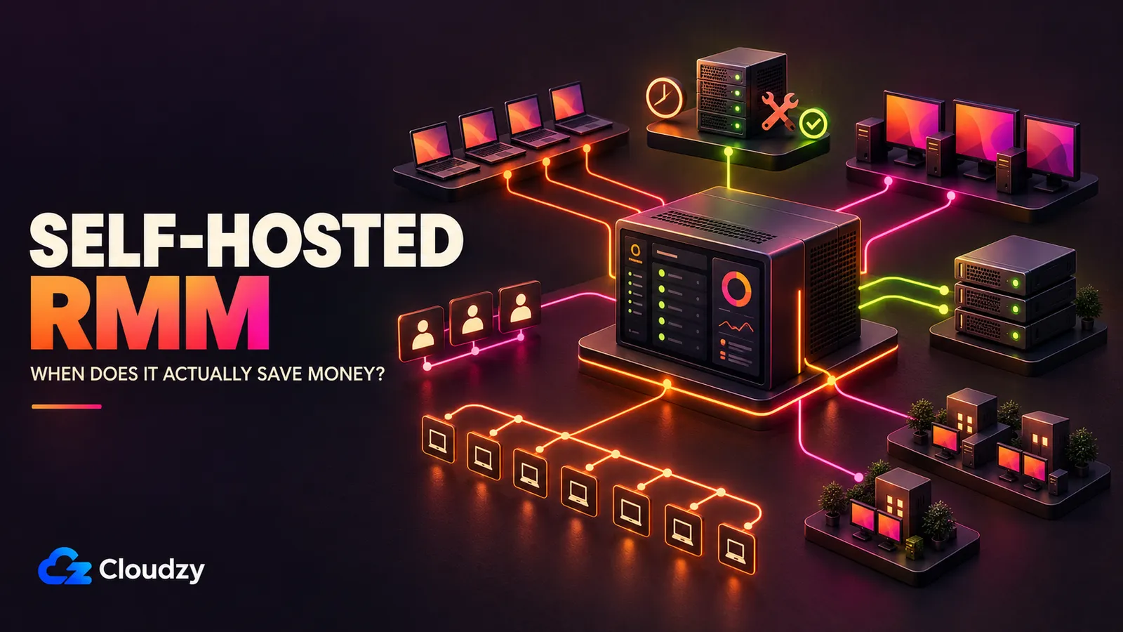 A single self-hosted RMM management server connected outward to a fleet of managed endpoints