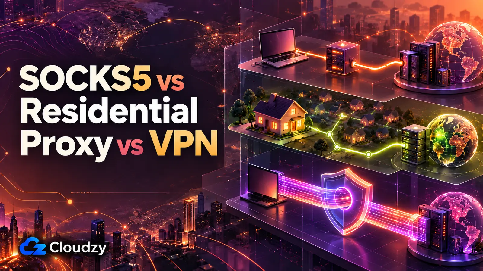 Three layered paths compared: a laptop reaching a server through a SOCKS5 relay, traffic exiting through a home on a residential network, and a laptop sending traffic through an encrypted VPN tunnel