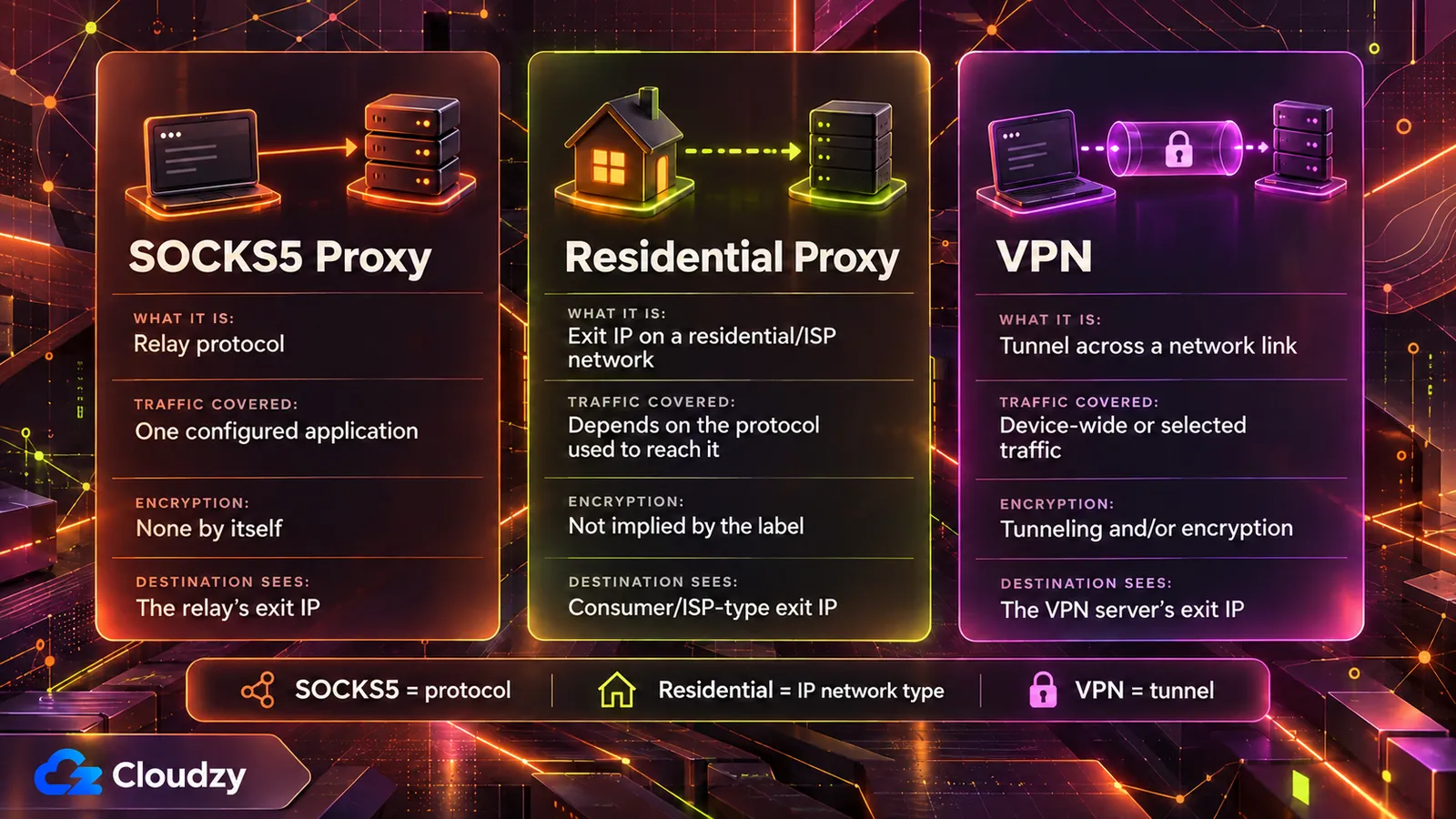 Three cards side by side: a SOCKS5 proxy is a relay protocol for one configured application with no encryption of its own, a residential proxy is an exit IP on a consumer or ISP network, and a VPN is a tunnel across a network link that can carry device-wide traffic