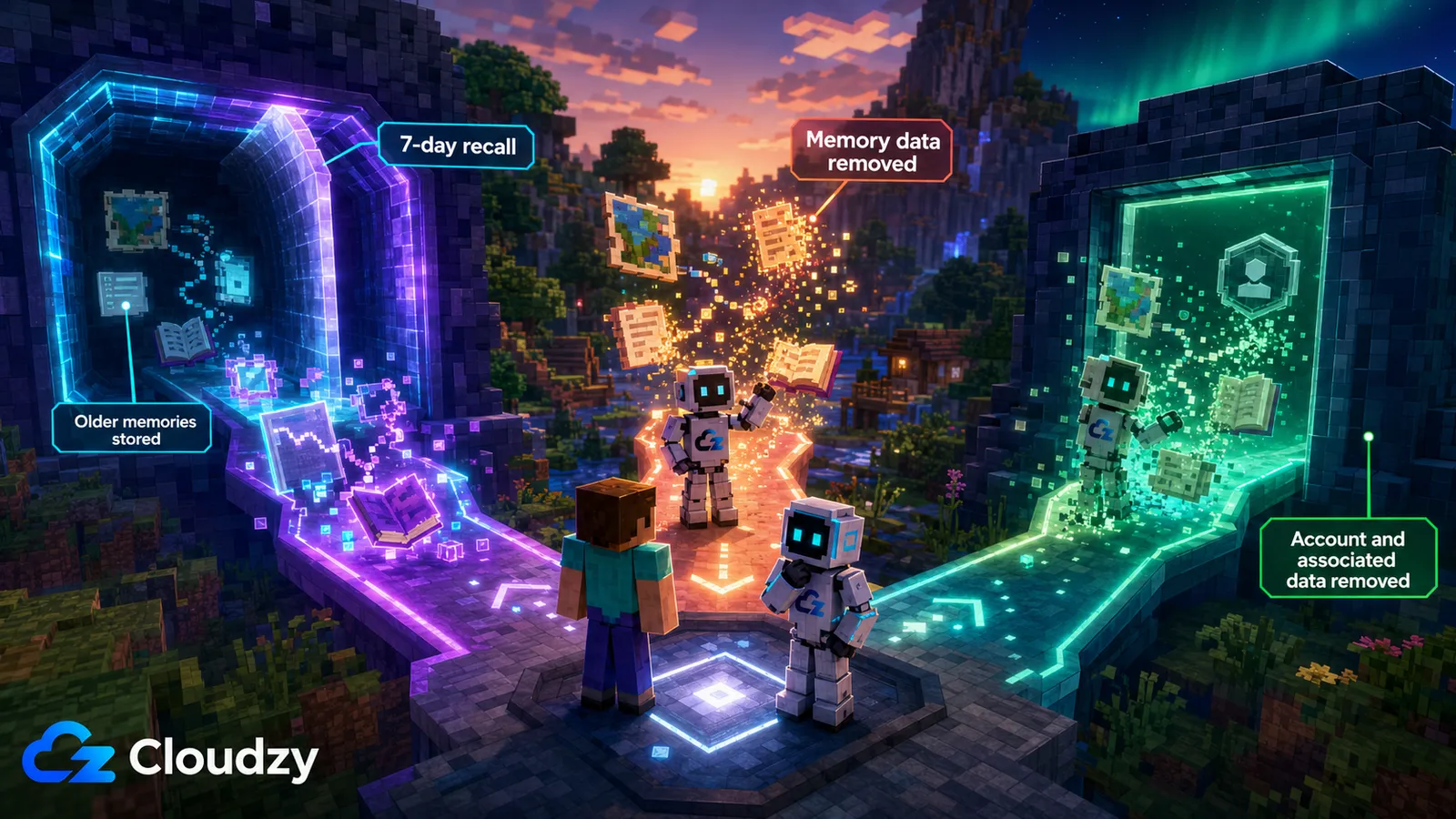 Three VoxelMind memory states compared: a 7-day recall window with older memories still stored, bot memory data removed, and the account and its associated data removed