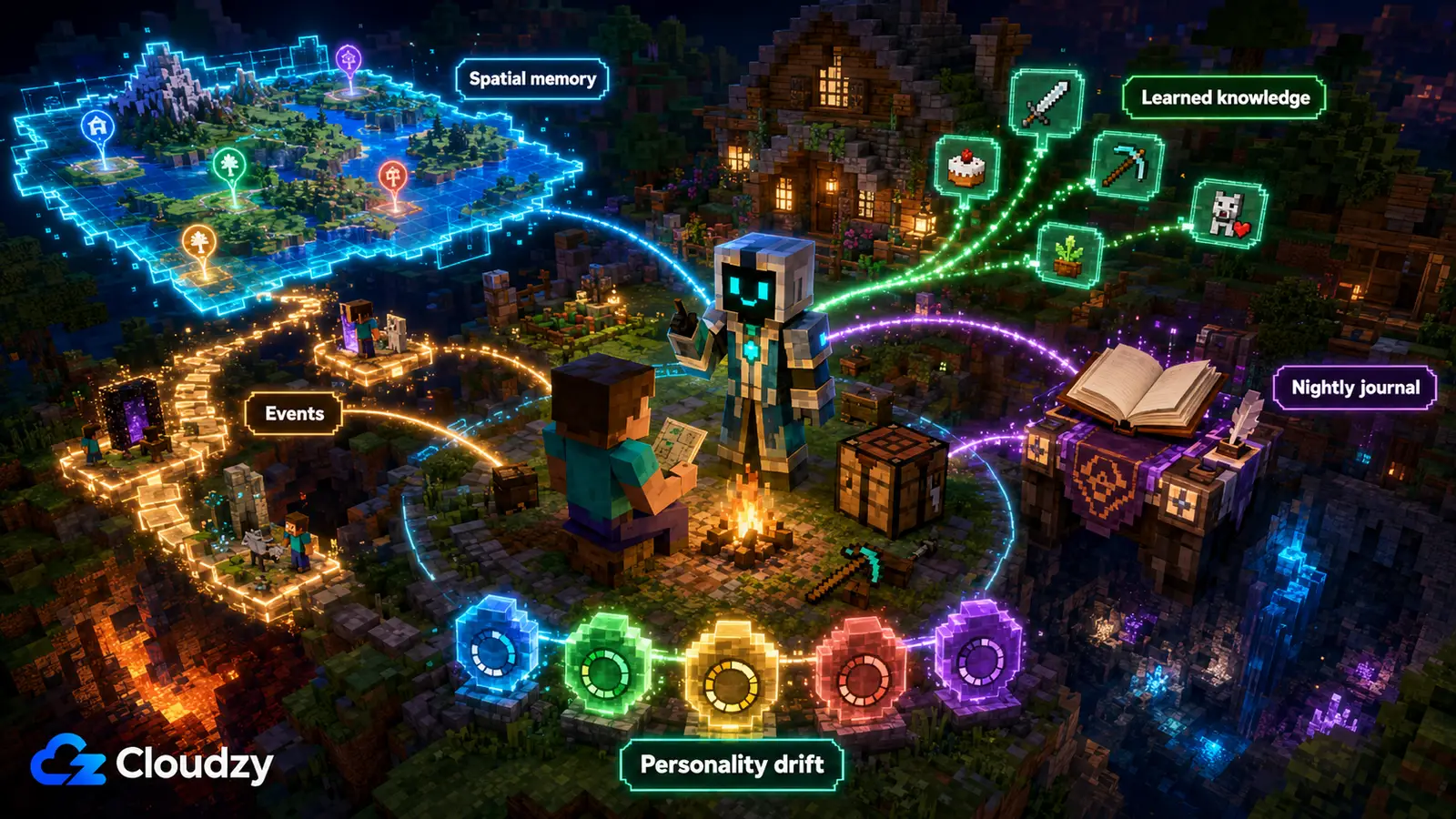 VoxelMind companion memory in a Minecraft world, labelled as spatial memory, events, learned knowledge, a nightly journal, and personality drift