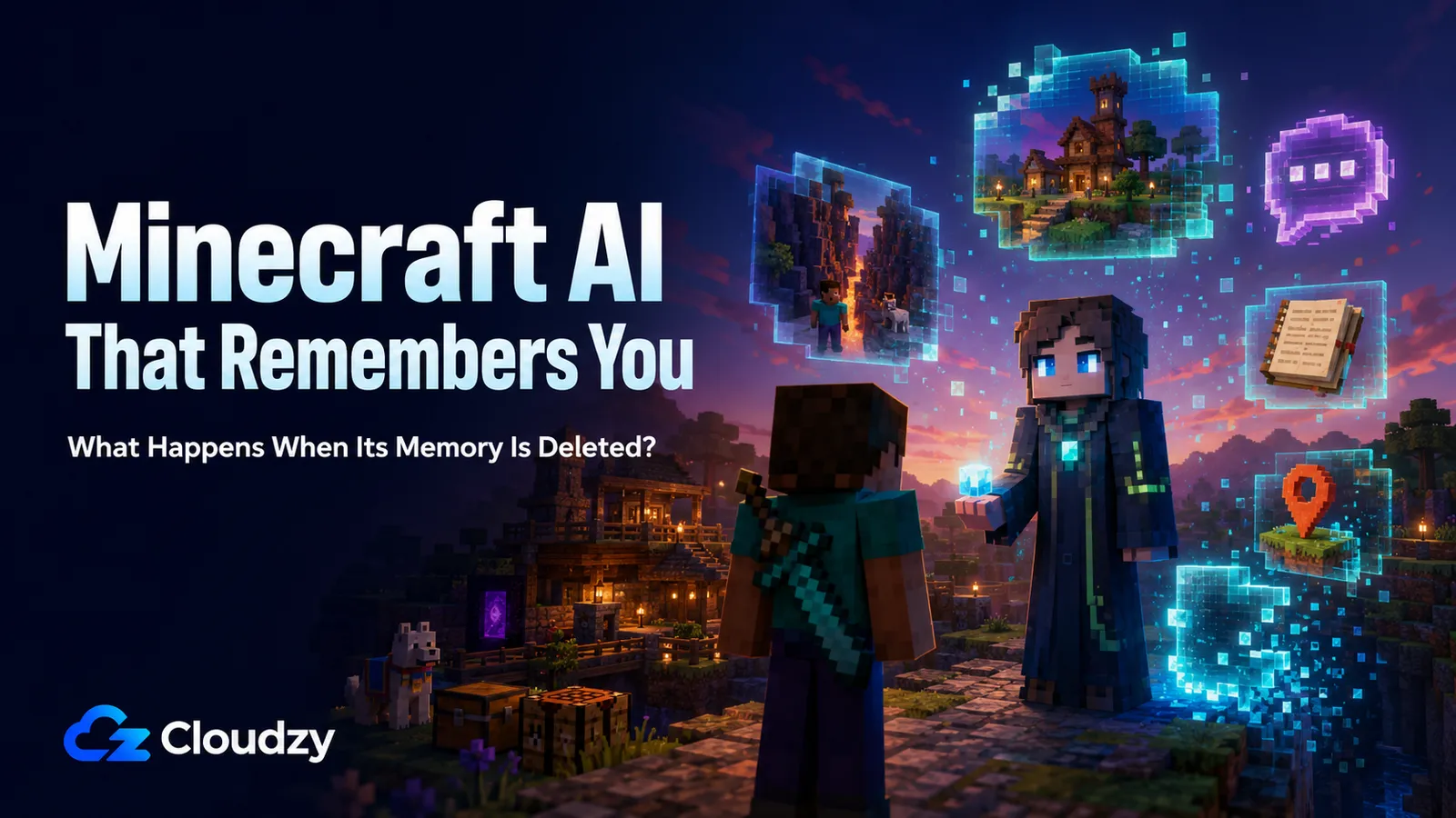 A Minecraft player facing an AI companion as stored memories shift between limited recall, bot-data deletion, and account deletion