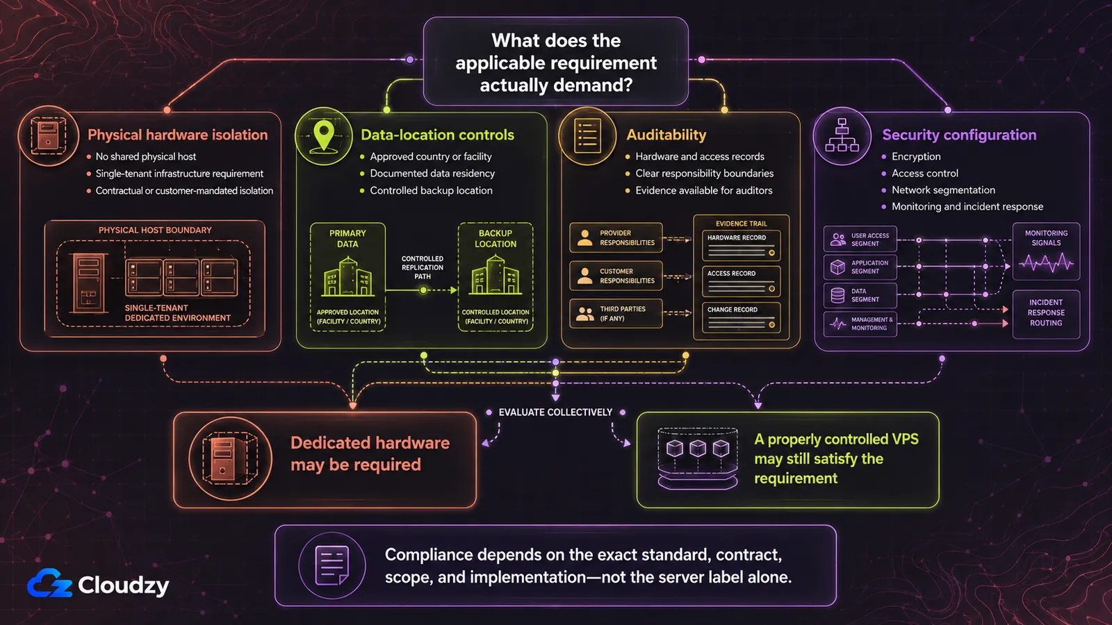 Decision map asking what the applicable requirement actually demands, across physical hardware isolation, data-location controls, auditability and security configuration, leading either to dedicated hardware may be required or to a properly controlled VPS may still satisfy the requirement, with a reminder that compliance depends on the standard, contract, scope and implementation rather than the server label